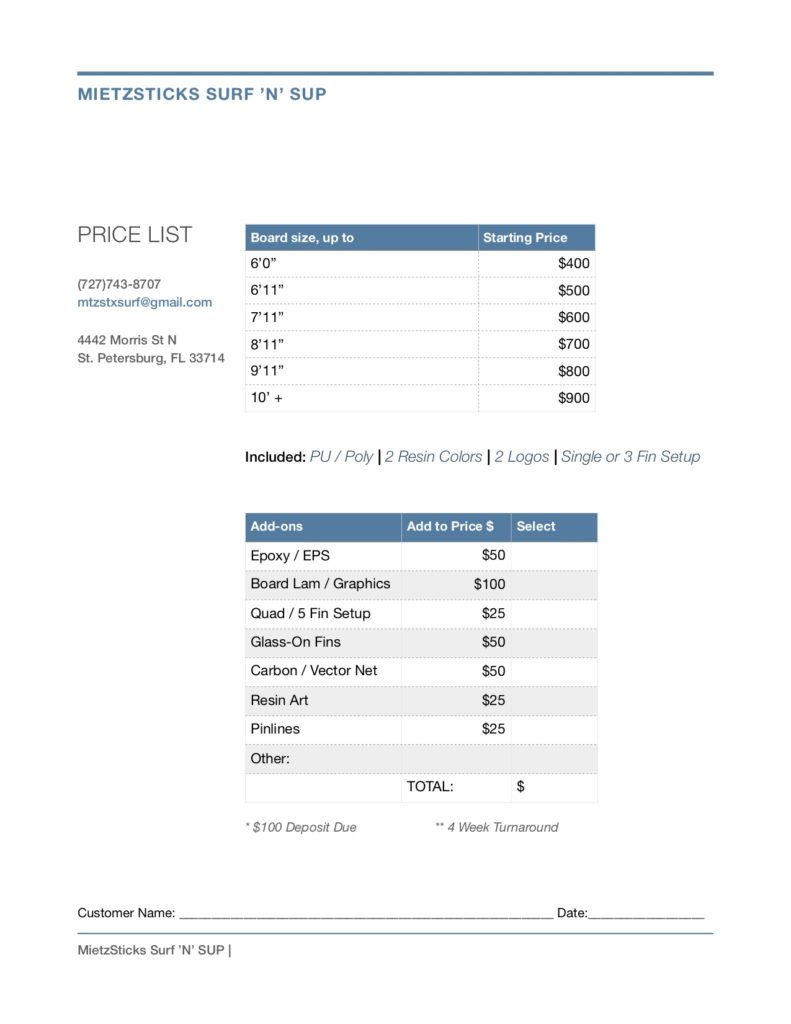 Pricing list of MietzSticks Surf N SUP